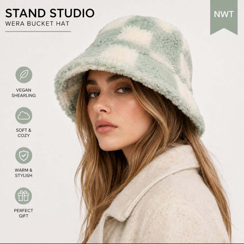 STAND STUDIO Wera Mint Off White Faux Shearling Bucket Hat Small NWT